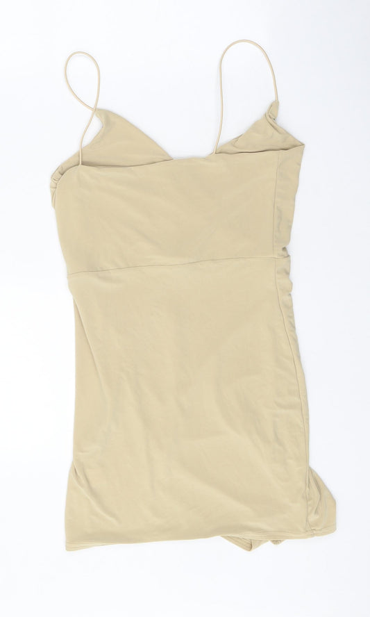 Boohoo Womens Beige Polyester Mini Size 10 V-Neck Pullover