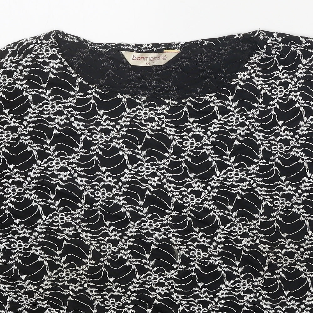 Bonmarché Womens Black Geometric Nylon Basic T-Shirt Size M Round Neck