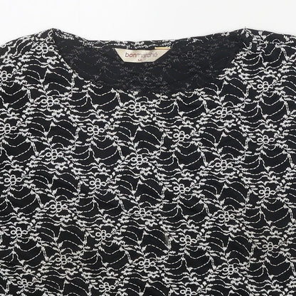 Bonmarché Womens Black Geometric Nylon Basic T-Shirt Size M Round Neck