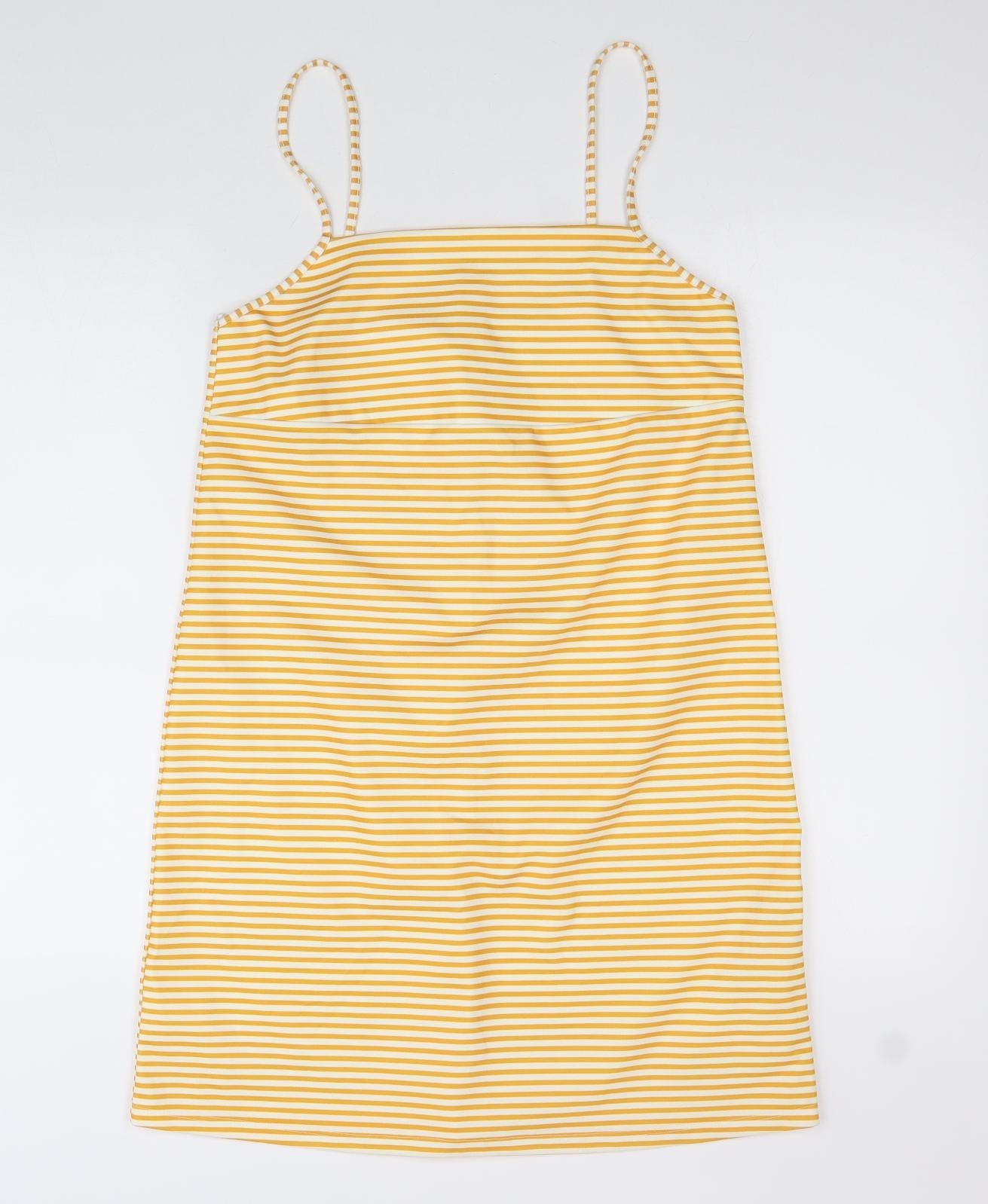 Zara Womens Yellow Striped Polyester Slip Dress Size M Square Neck Pullover