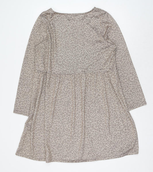 Nutmeg Womens Brown Animal Print Polyester A-Line Size 16 Round Neck Pullover - Leopard Print