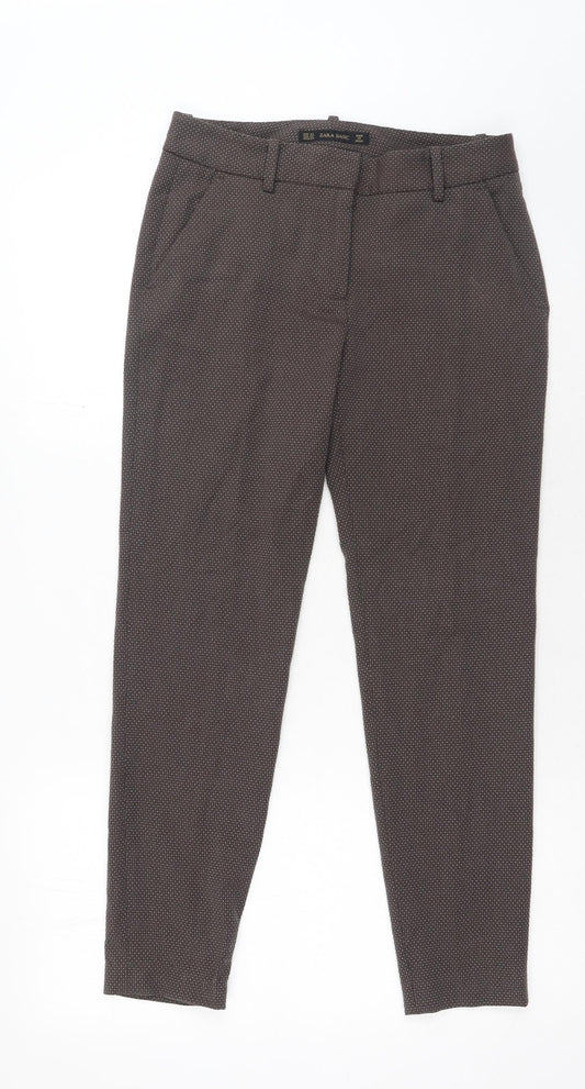Zara Womens Brown Geometric Polyester Trousers Size 8 Regular Hook & Eye