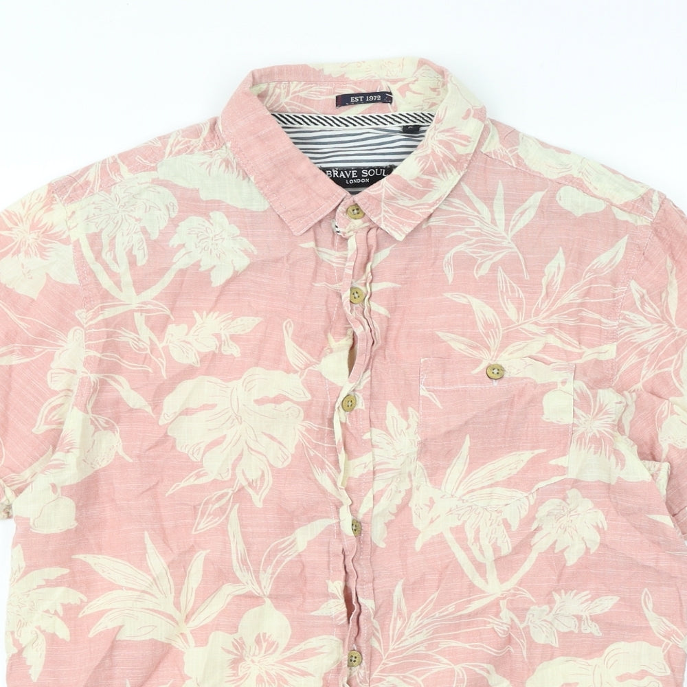 Mens UK Size S Brave Soul Pink  Button-Up Short Sleeve Casual Shirt