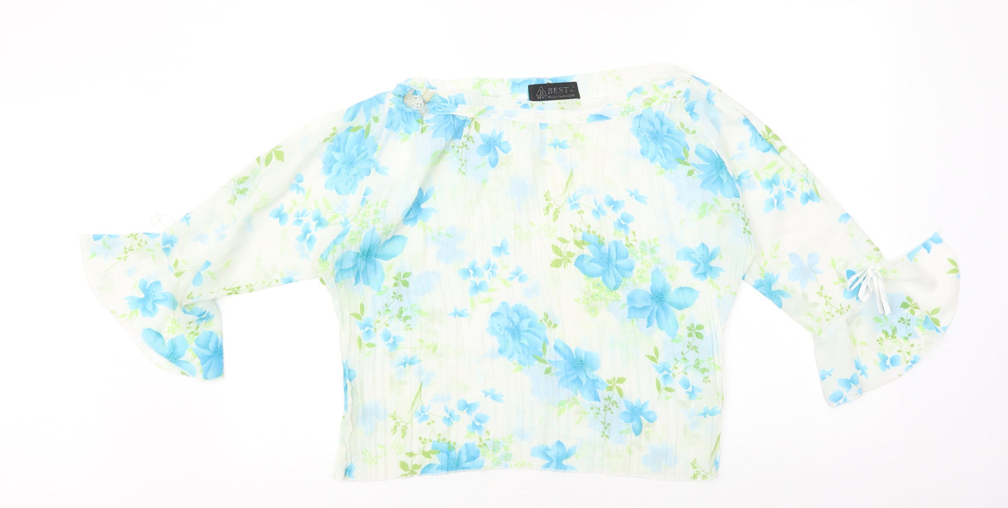 Best Womens Ivory Floral Polyester Basic Blouse Size L Round Neck