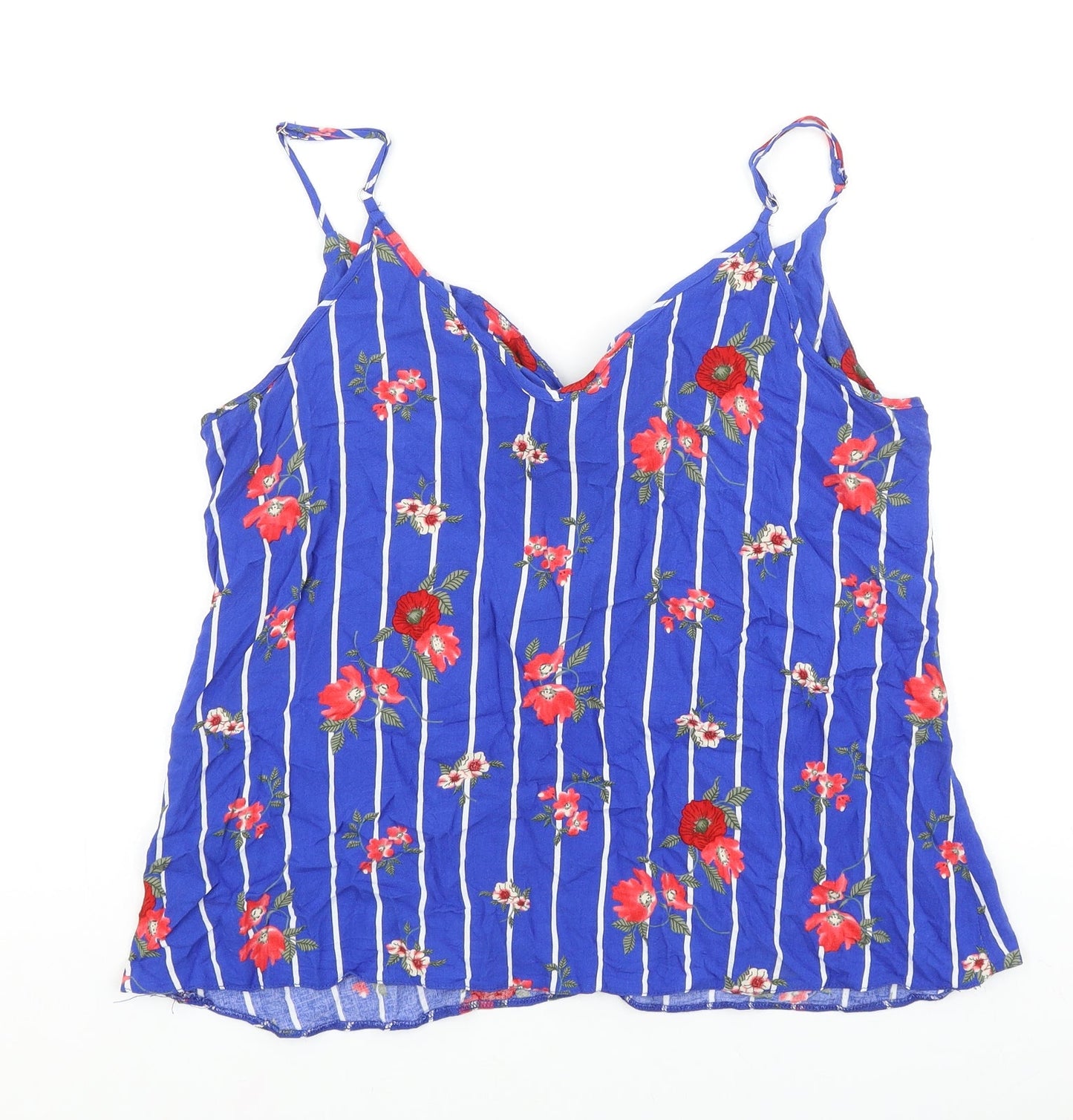 George Womens Blue Striped Viscose Basic Tank Size 14 V-Neck - Floral Detail