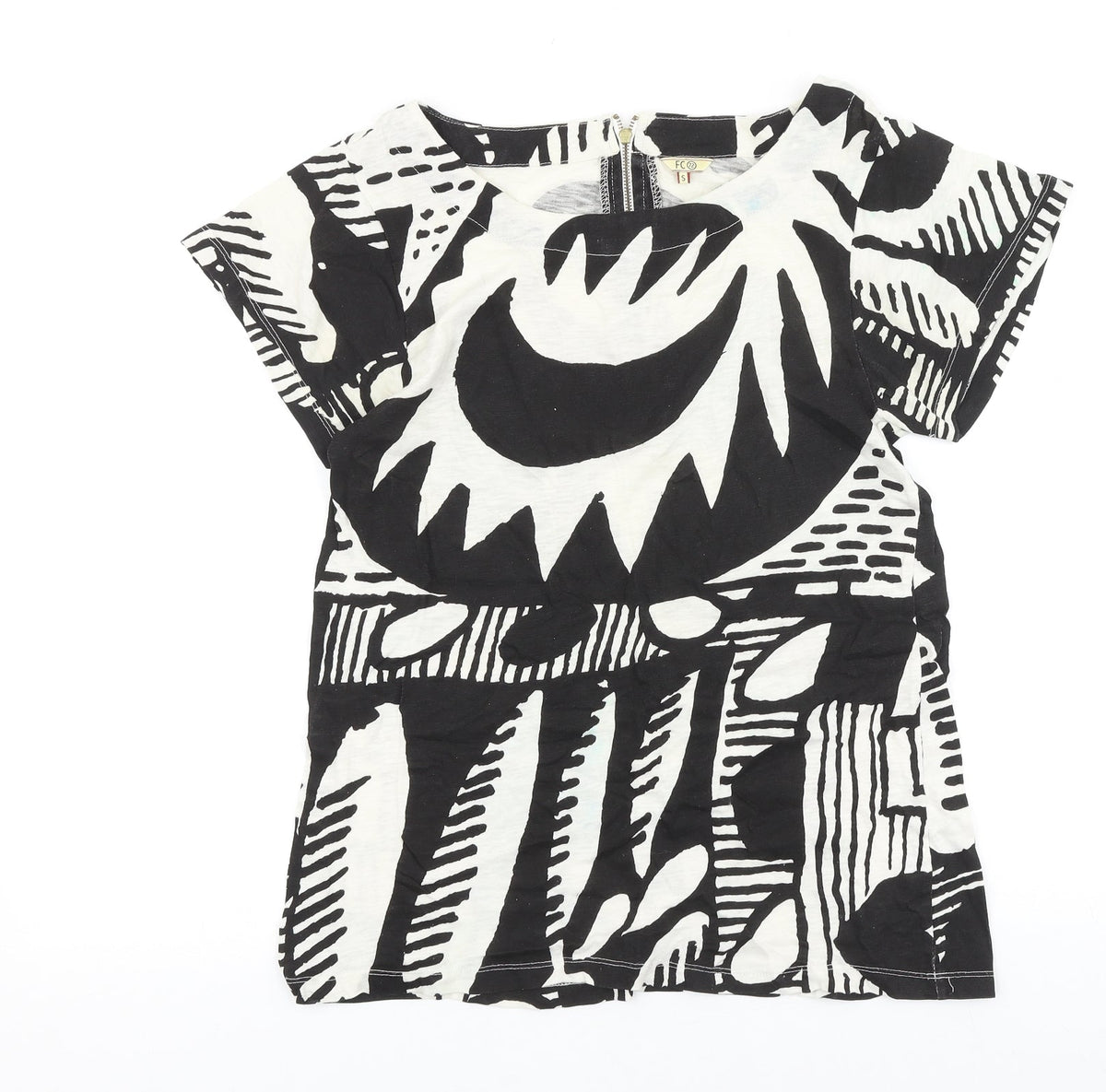 FC Womens Black Geometric 100% Cotton Basic Blouse Size S Round Neck