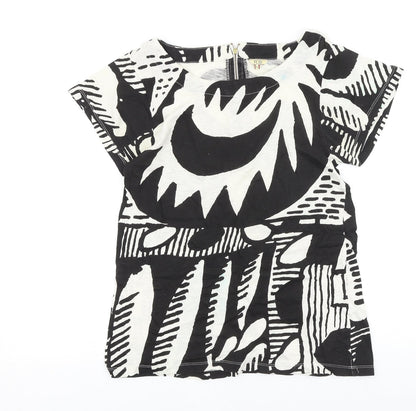 FC Womens Black Geometric 100% Cotton Basic Blouse Size S Round Neck