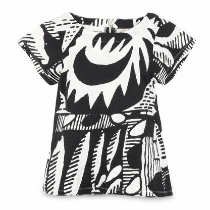 FC Womens Black Geometric 100% Cotton Basic Blouse Size S Round Neck