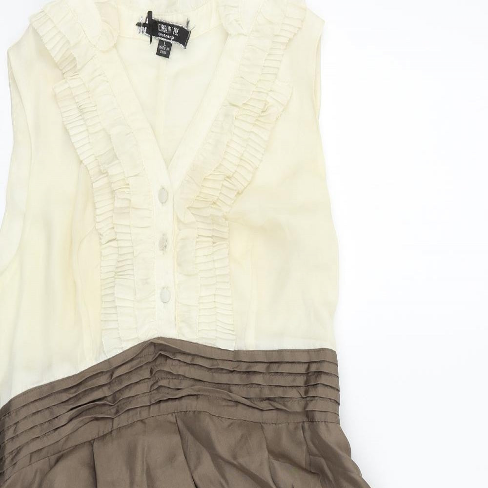 Fumblin Foe Womens Brown Polyester Fit & Flare Size L V-Neck Button