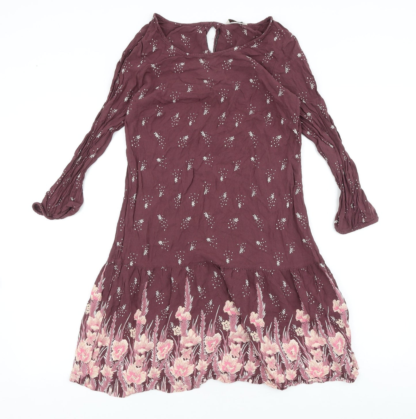 Marks and Spencer Womens Purple Floral Viscose Fit & Flare Size 10 Round Neck Button