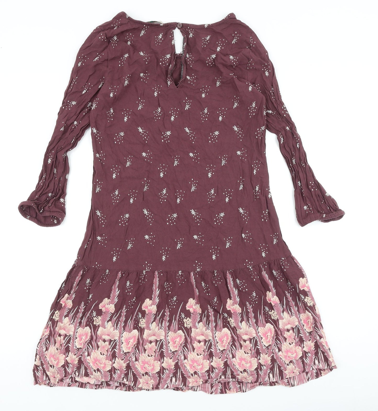 Marks and Spencer Womens Purple Floral Viscose Fit & Flare Size 10 Round Neck Button