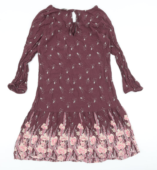 Marks and Spencer Womens Purple Floral Viscose Fit & Flare Size 10 Round Neck Button