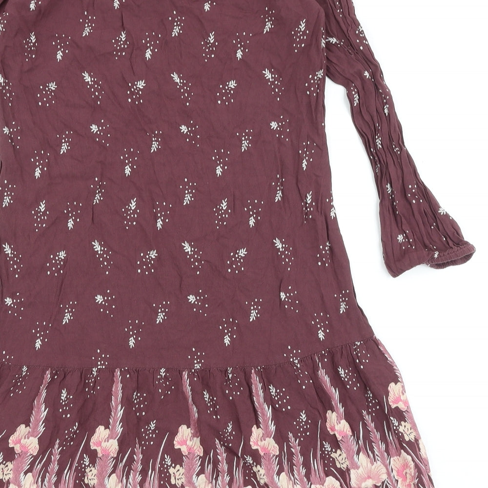 Marks and Spencer Womens Purple Floral Viscose Fit & Flare Size 10 Round Neck Button