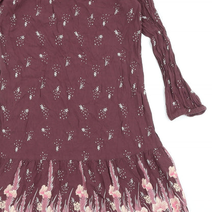 Marks and Spencer Womens Purple Floral Viscose Fit & Flare Size 10 Round Neck Button