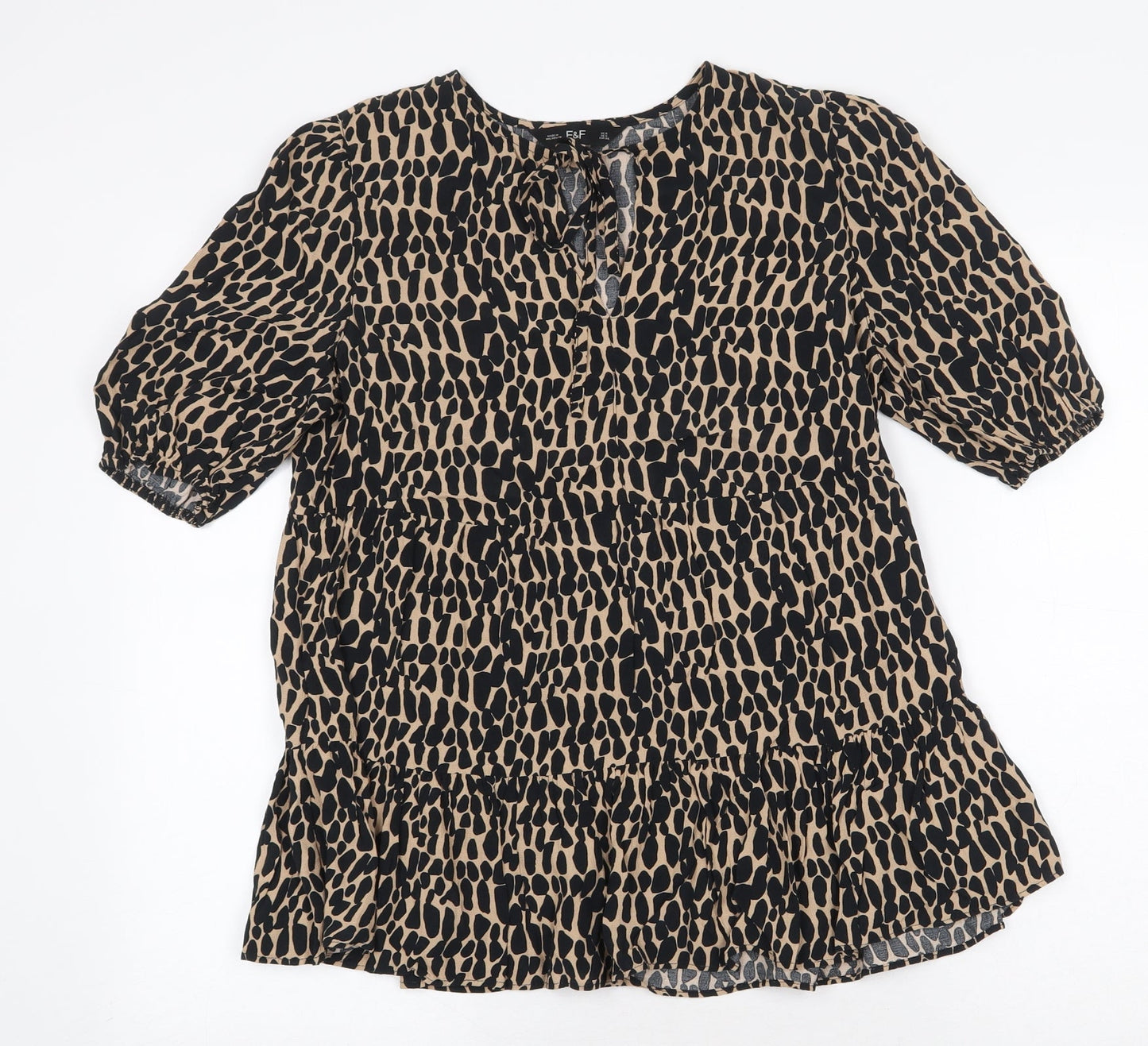 F&F Womens Beige Geometric Viscose Basic Blouse Size 8 V-Neck