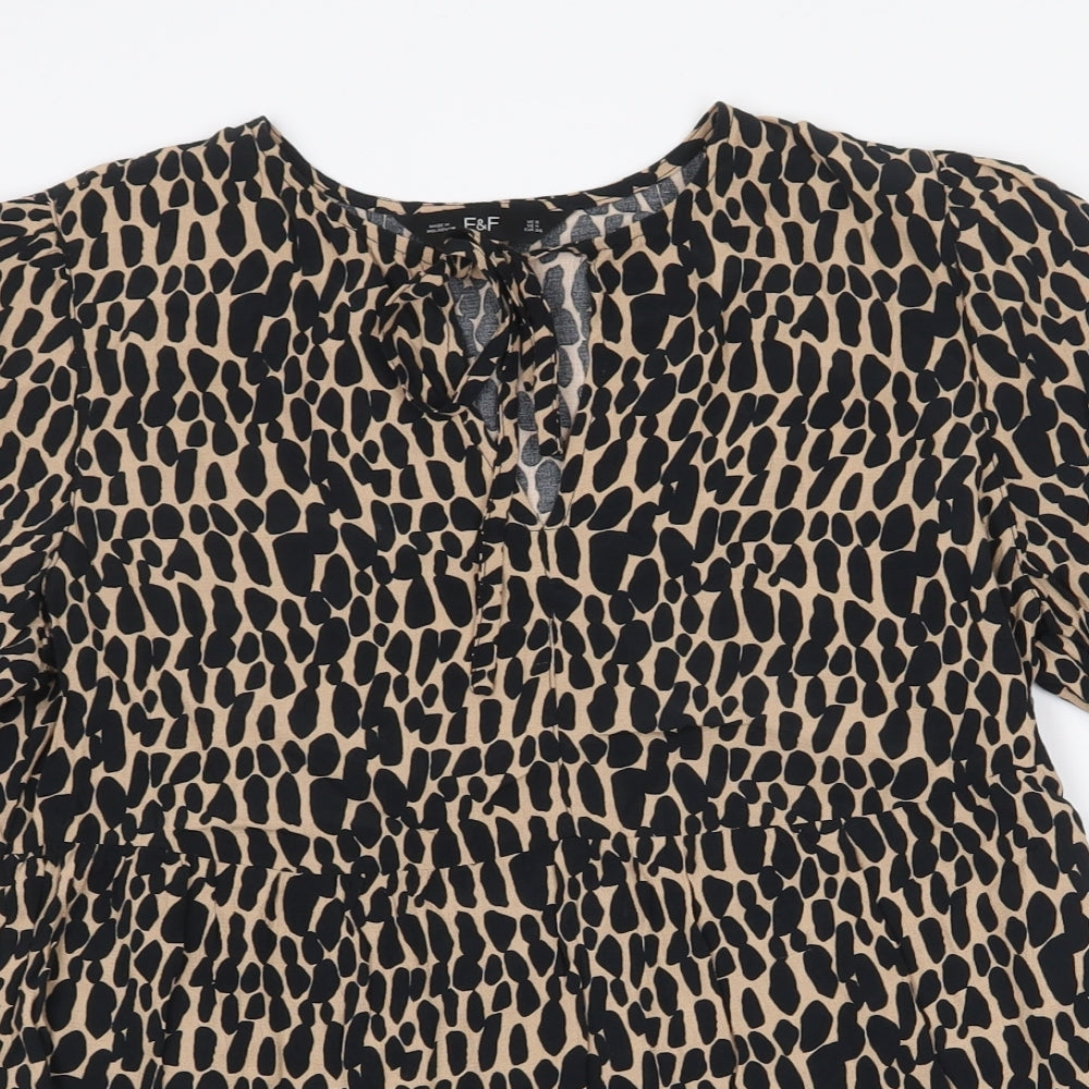 F&F Womens Beige Geometric Viscose Basic Blouse Size 8 V-Neck