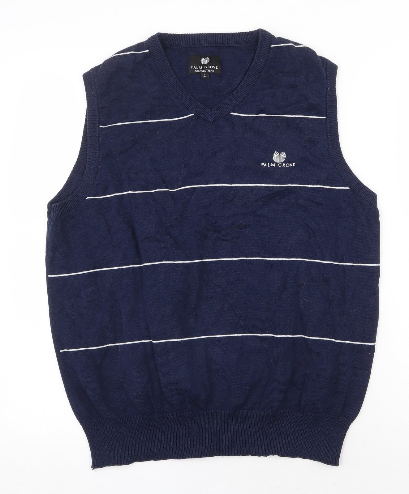 Palm Grove Mens Blue V-Neck Striped Cotton Vest Jumper Size L