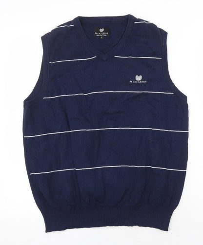 Palm Grove Mens Blue V-Neck Striped Cotton Vest Jumper Size L