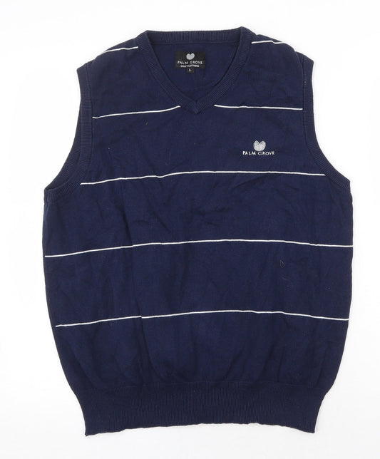 Palm Grove Mens Blue V-Neck Striped Cotton Vest Jumper Size L