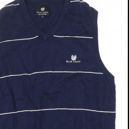 Palm Grove Mens Blue V-Neck Striped Cotton Vest Jumper Size L