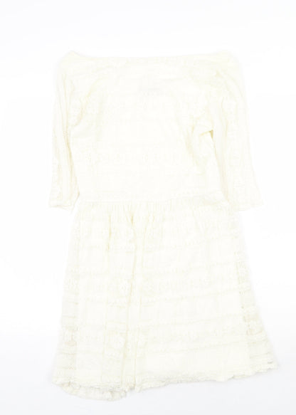 Jane Norman Womens White Geometric Nylon Fit & Flare Size 16 Off the Shoulder Pullover