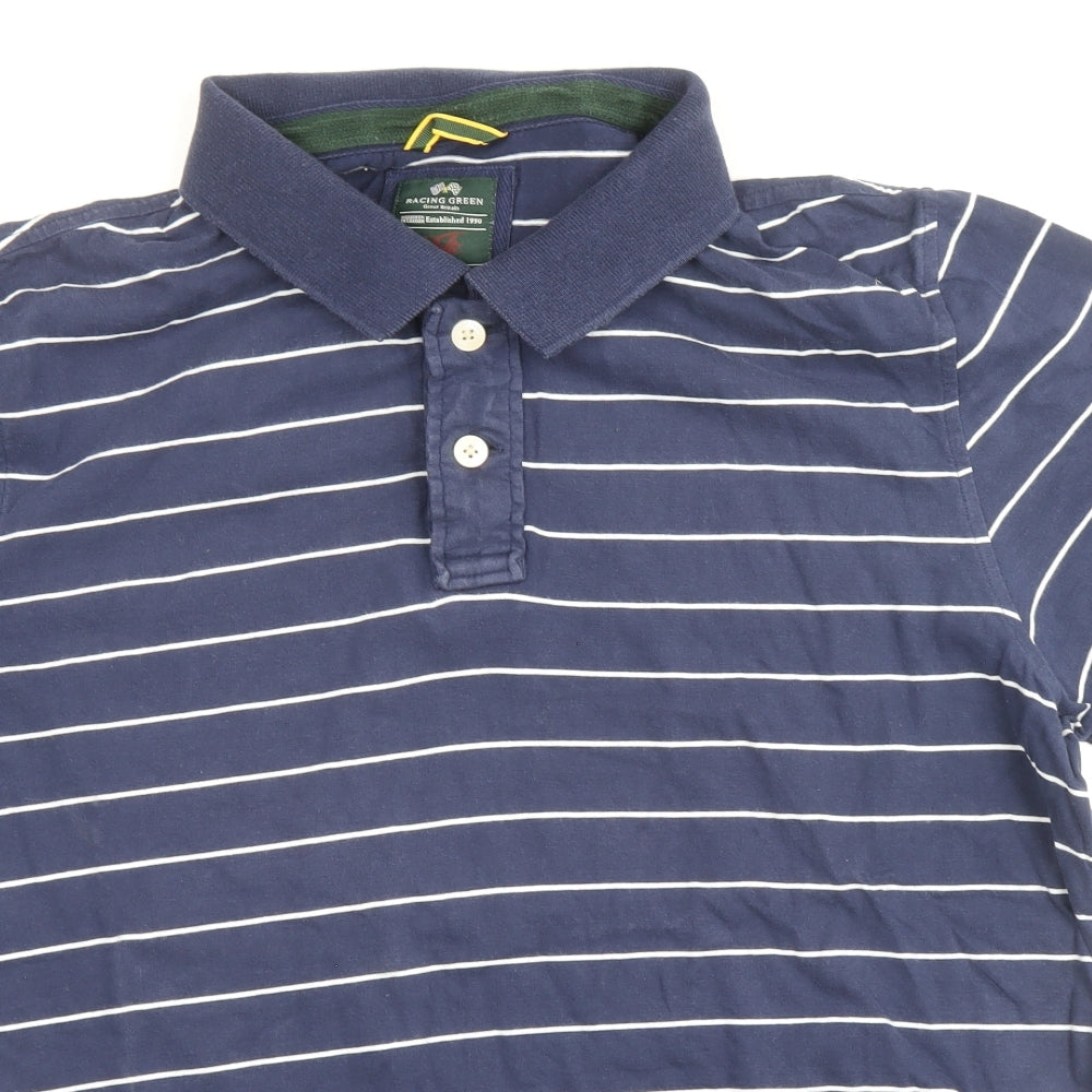 Racing Green Mens Blue Striped 100% Cotton Polo Size L Collared Button