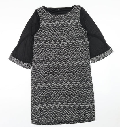M&Co Womens Black Geometric Nylon Shift Size 14 Round Neck Pullover