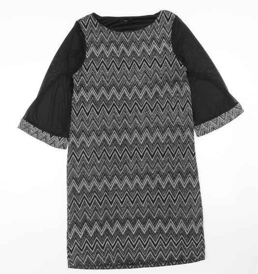 M&Co Womens Black Geometric Nylon Shift Size 14 Round Neck Pullover