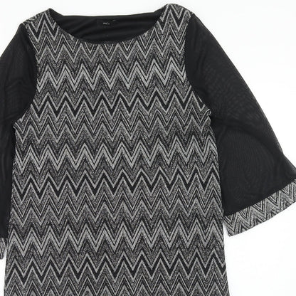 M&Co Womens Black Geometric Nylon Shift Size 14 Round Neck Pullover