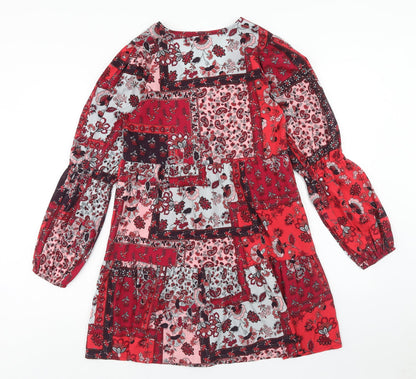 Violet Romance Womens Red Floral Polyester A-Line Size 8 V-Neck Pullover - Patchwork