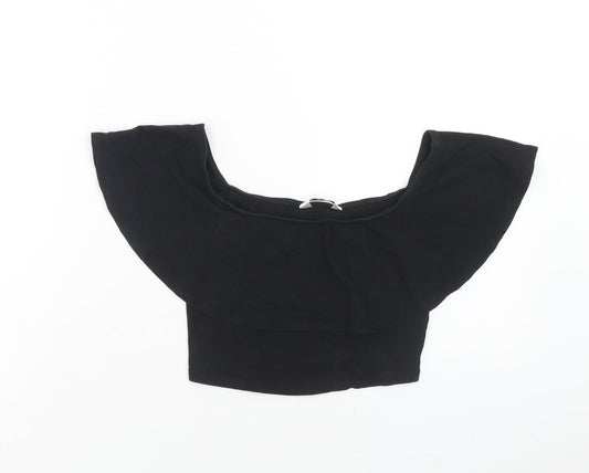 Miss Selfridge Womens Black Cotton Cropped T-Shirt Size 8 Off the Shoulder