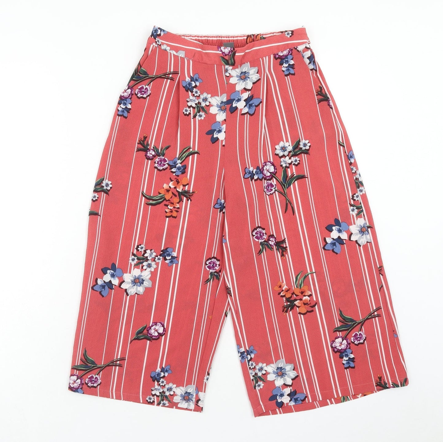 Primark Womens Pink Striped Polyester Capri Trousers Size 6 Regular Tie - Floral