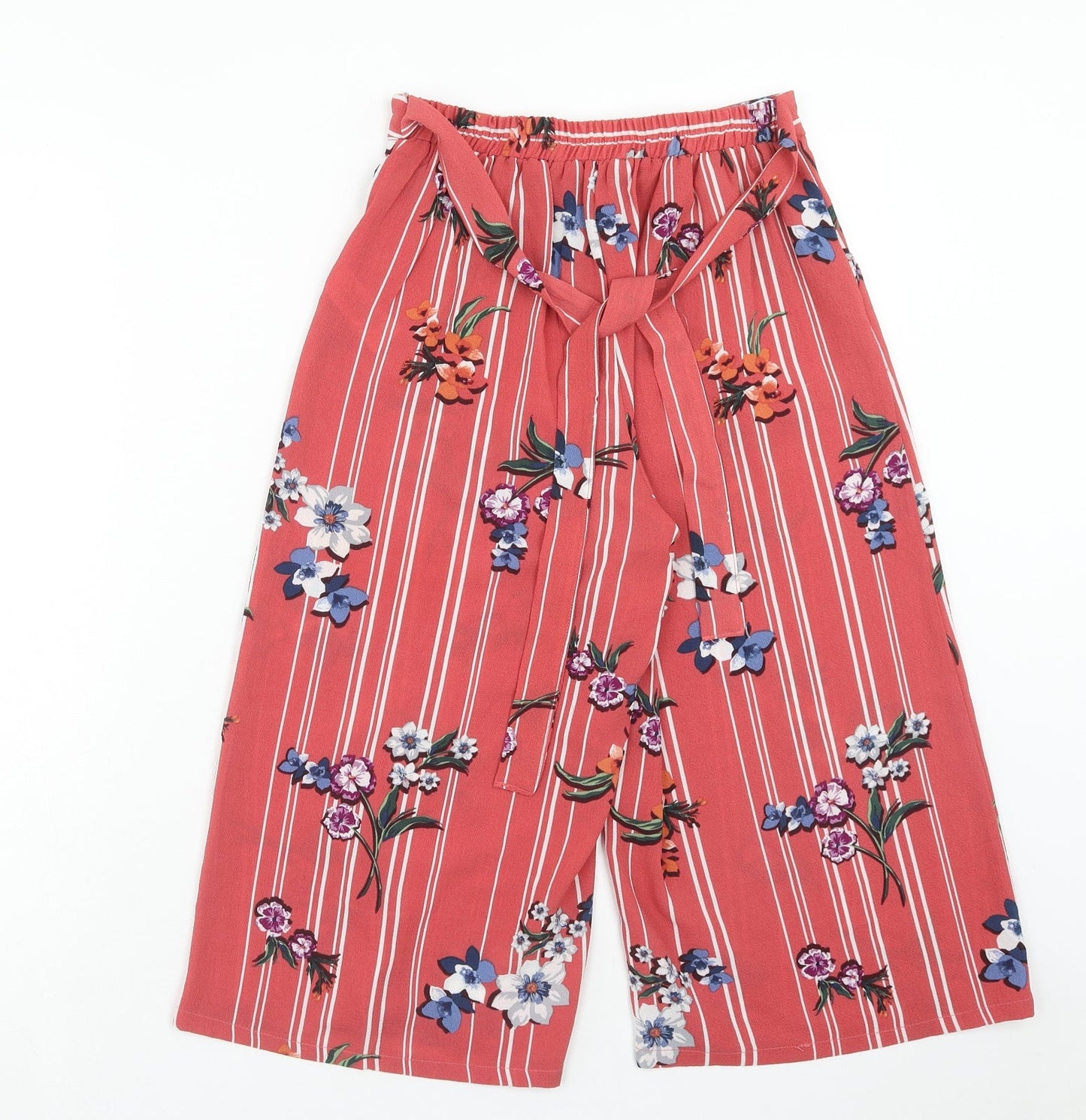 Primark Womens Pink Striped Polyester Capri Trousers Size 6 Regular Tie - Floral