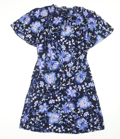 NEXT Womens Blue Floral Viscose A-Line Size 10 Round Neck Tie