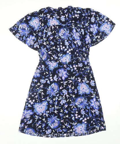 NEXT Womens Blue Floral Viscose A-Line Size 10 Round Neck Tie