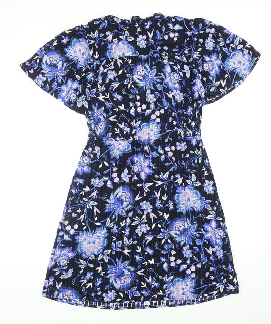 NEXT Womens Blue Floral Viscose A-Line Size 10 Round Neck Tie