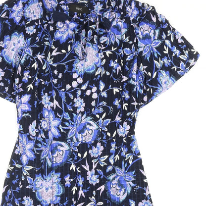 NEXT Womens Blue Floral Viscose A-Line Size 10 Round Neck Tie