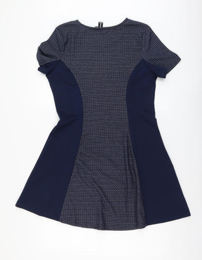 Izabel Womens Blue Geometric Polyester Fit & Flare Size 14 Round Neck Pullover