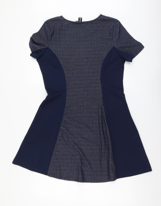 Izabel Womens Blue Geometric Polyester Fit & Flare Size 14 Round Neck Pullover