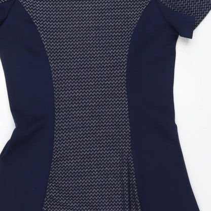 Izabel Womens Blue Geometric Polyester Fit & Flare Size 14 Round Neck Pullover