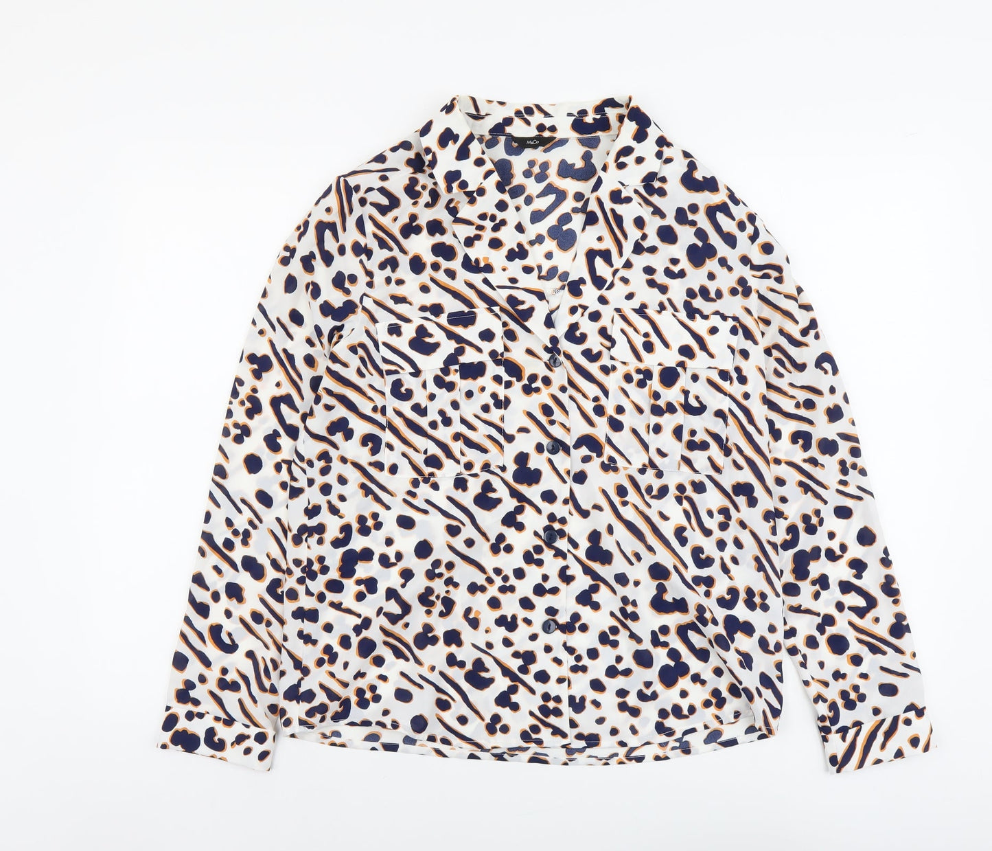 M&Co Womens White Geometric Polyester Basic Button-Up Size 10 V-Neck