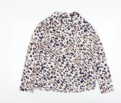 M&Co Womens White Geometric Polyester Basic Button-Up Size 10 V-Neck