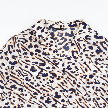 M&Co Womens White Geometric Polyester Basic Button-Up Size 10 V-Neck