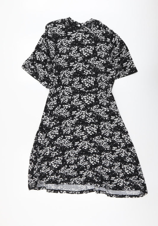 Peacocks Womens Black Floral Viscose A-Line Size 10 Mock Neck Button