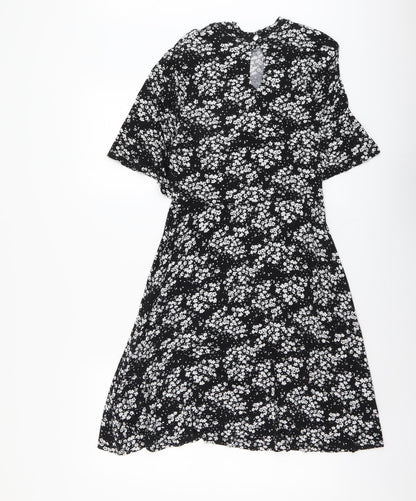 Peacocks Womens Black Floral Viscose A-Line Size 10 Mock Neck Button
