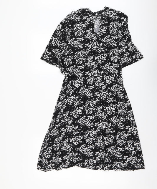 Peacocks Womens Black Floral Viscose A-Line Size 10 Mock Neck Button