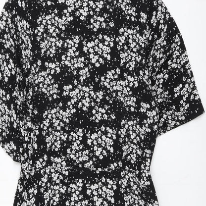 Peacocks Womens Black Floral Viscose A-Line Size 10 Mock Neck Button