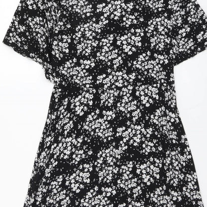Peacocks Womens Black Floral Viscose A-Line Size 10 Mock Neck Button