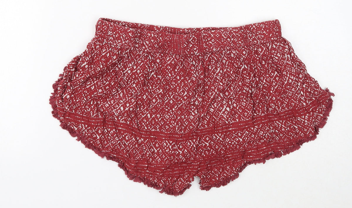 Ecote Womens Red Geometric Viscose Hot Pants Shorts Size M Regular Pull On