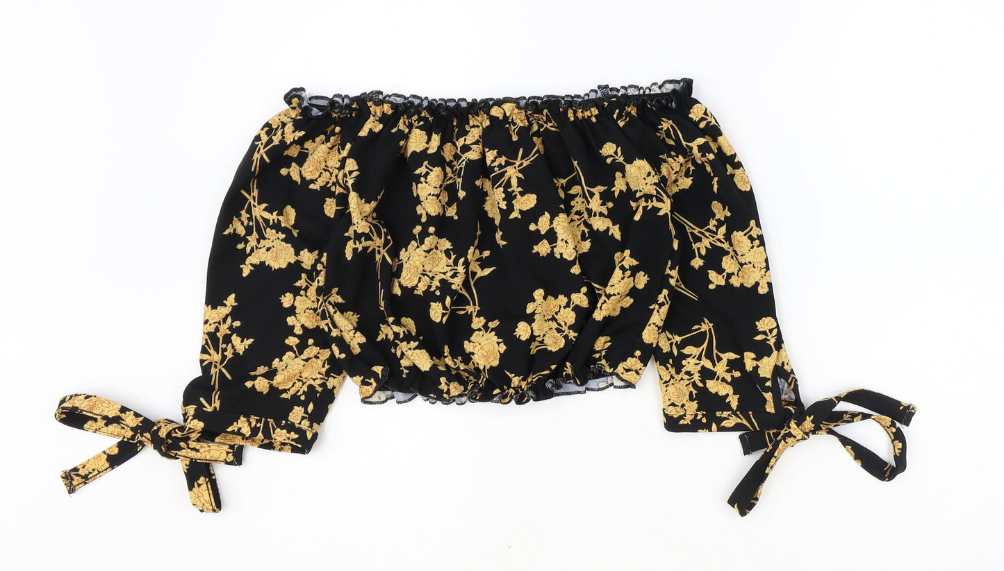 Miss L Womens Black Floral Polyester Cropped Tank Size 6 Off the Shoulder